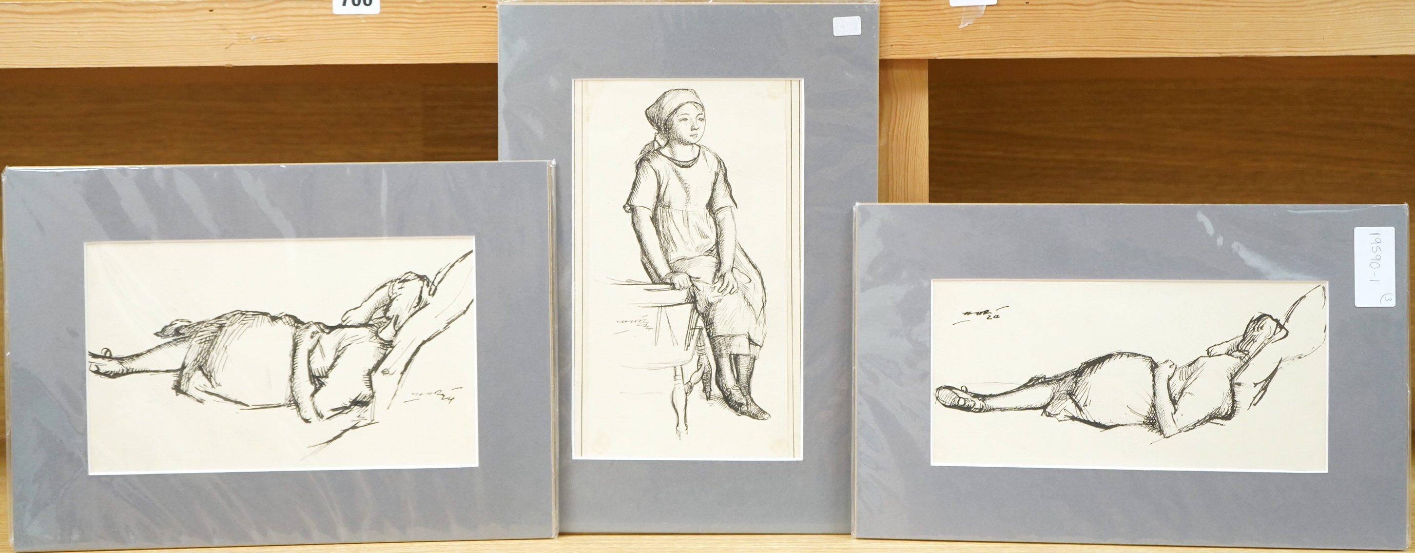 Harold Hope Read (1881-1959), ‘Resting Woman’, ‘Girl Standing’ and ‘Woman Resting’, each signed, each with Bowden Fine Art labels verso, three pen and inks on paper, mounted, unframed, largest 25 x 13cm
